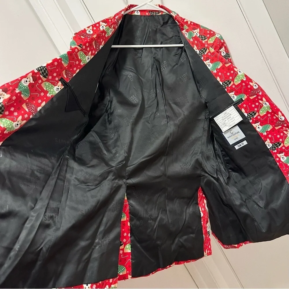 Suslo Couture Christmas Corgi Dog Mens M Red Blazer Slim Fit Lined party holiday